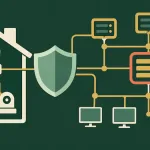Flat Illustration Of A Home Network Of Connected Devices Scaling Into A Larger Structured Business Network, Anchored By A Shield Shape