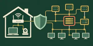How To Keep My Network Safe: A Complete Guide For Home And Small Business 2 Flat Illustration Of A Home Network Of Connected Devices Scaling Into A Larger Structured Business Network, Anchored By A Shield Shape