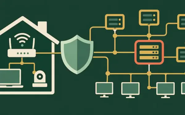 Flat Illustration Of A Home Network Of Connected Devices Scaling Into A Larger Structured Business Network, Anchored By A Shield Shape