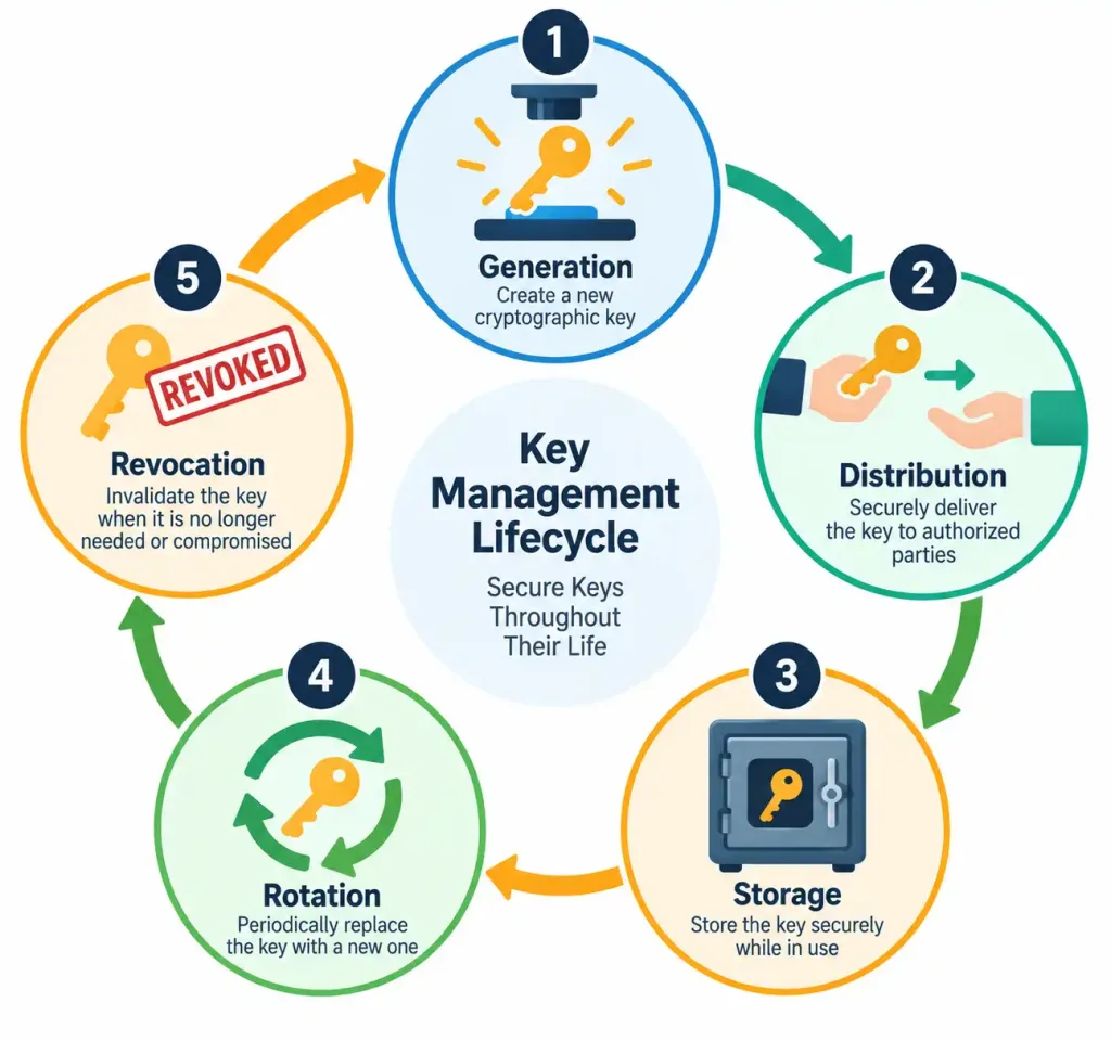 Lesson 4.3.1 — Device Hardening &Amp; Network Access Control 4 Circular Diagram Showing The Key Management Lifecycle Stages: Generation, Distribution, Storage, Rotation, And Revocation