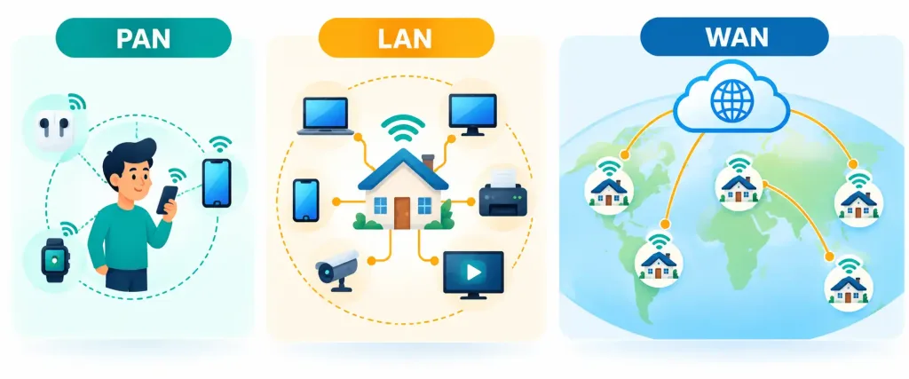 Lesson 2.8: Basic Networking Concepts 5 Diagram Comparing The Geographic Scope Of A Pan, Lan, And Wan