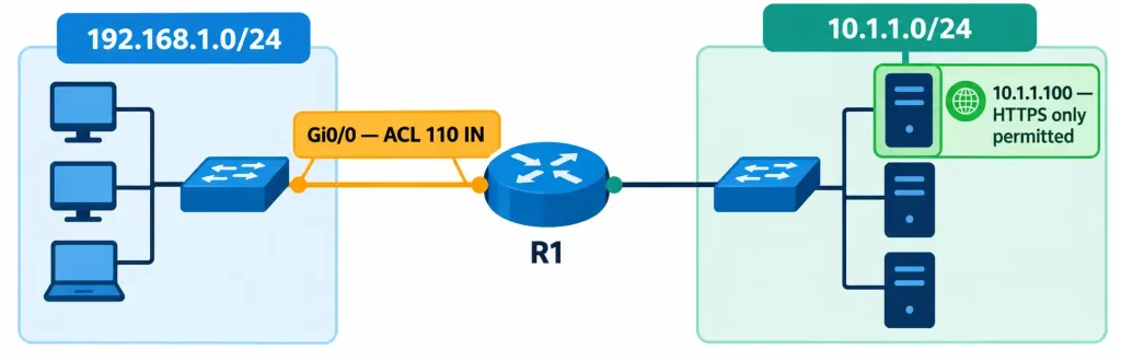 Configure And Verify Access Control Lists (Acls) 5 Topology Diagram Showing An Extended Acl Applied Inbound Restricting A Lan To Https-Only Access To A Web Server
