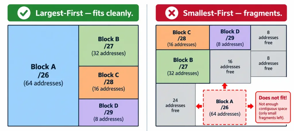 Lesson 1.7.3 — Vlsm And Subnetting Practice 2 Diagram Comparing Largest-First And Smallest-First Vlsm Allocation Order