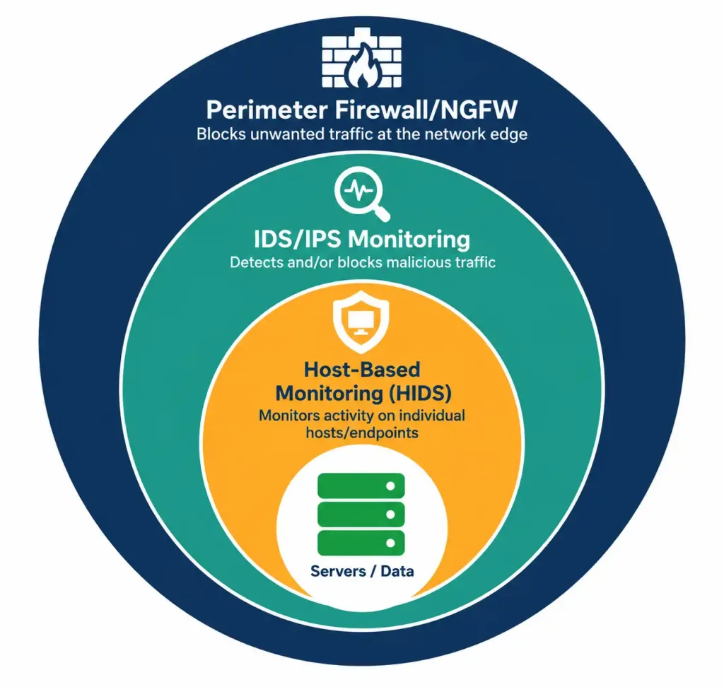 Lesson 1.2.2 — Security Appliances 6 Diagram Of A Layered Defense Architecture With Firewall, Ids/Ips, And Host-Based Monitoring