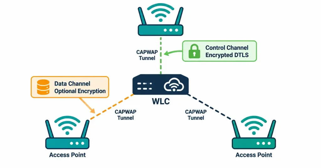 Cisco Wireless Architectures And Ap Modes: Autonomous, Lightweight, And Mesh 3 Diagram Showing A Wireless Lan Controller Connected To Three Lightweight Access Points Via Capwap Tunnels, With The Control Channel Encrypted By Default And The Data Channel Optionally Encrypted