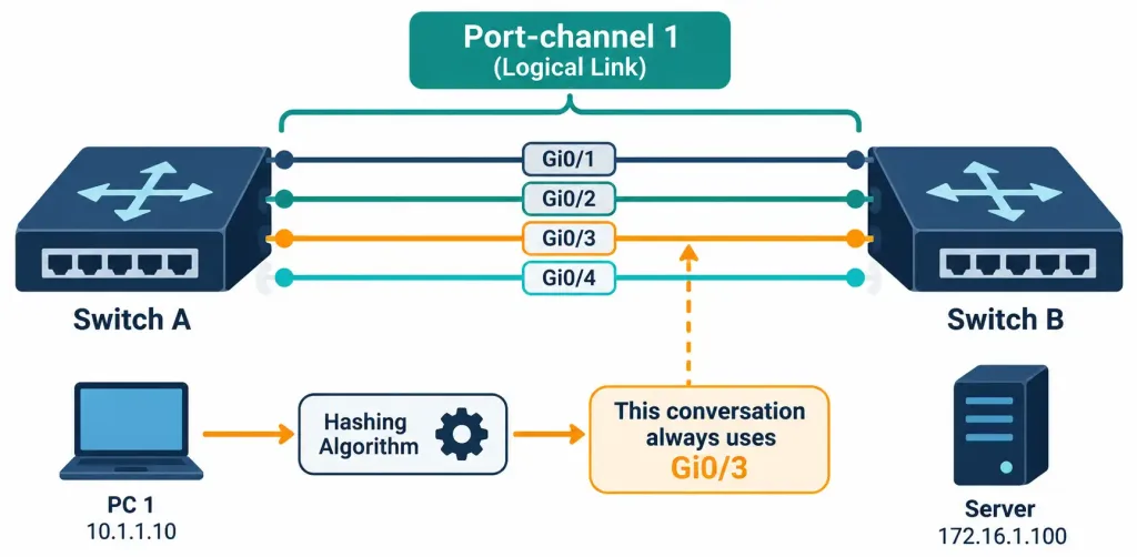 Lesson 2.2.3 — Link Aggregation, Interface Speed &Amp; Duplex 2 Diagram Showing Four Physical Links Bundled Into One Logical Port-Channel Between Two Switches