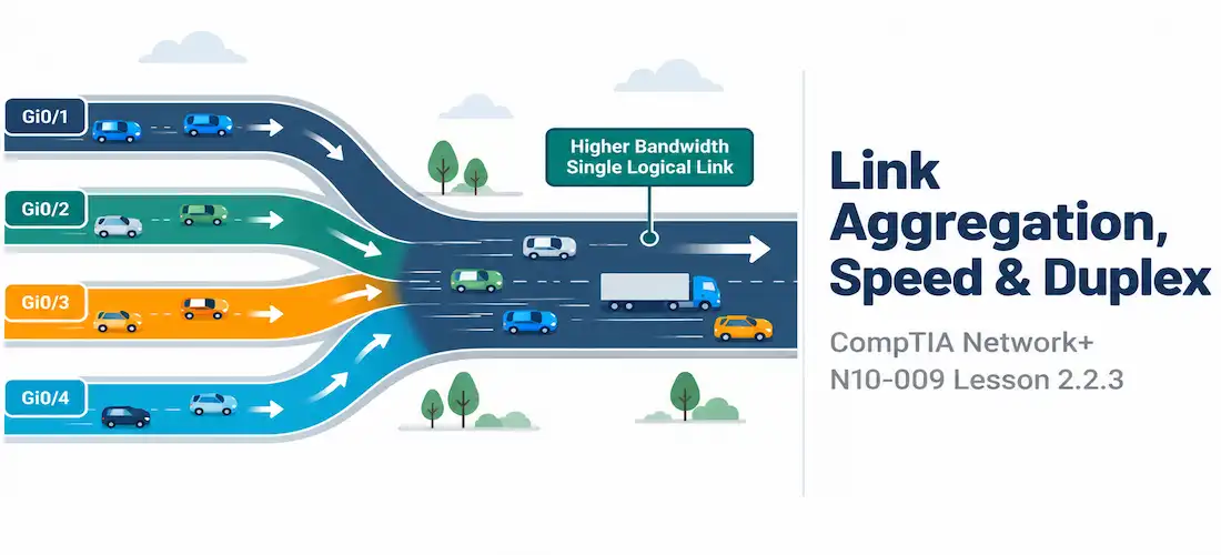 Lesson 2.2.3 — Link Aggregation, Interface Speed &Amp; Duplex 1 Illustration Of Several Lanes Merging Into One Wide Highway, Representing Multiple Links Combined Into One Connection