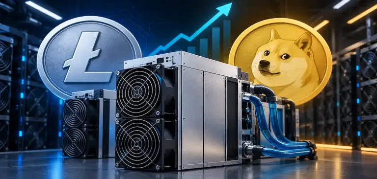 High-Performance Scrypt Asic Cryptocurrency Mining Hardware With Litecoin And Dogecoin Symbols In A Modern Data Center