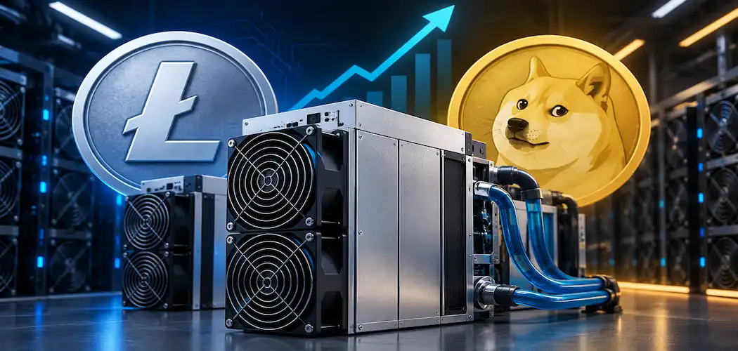 Top Scrypt Asic Miners For Litecoin And Dogecoin Merged Mining Efficiency Hashrate Hydro Cooling Operating Cost Upgrades Warranty And 24 7 Reliability 1 High-Performance Scrypt Asic Cryptocurrency Mining Hardware With Litecoin And Dogecoin Symbols In A Modern Data Center