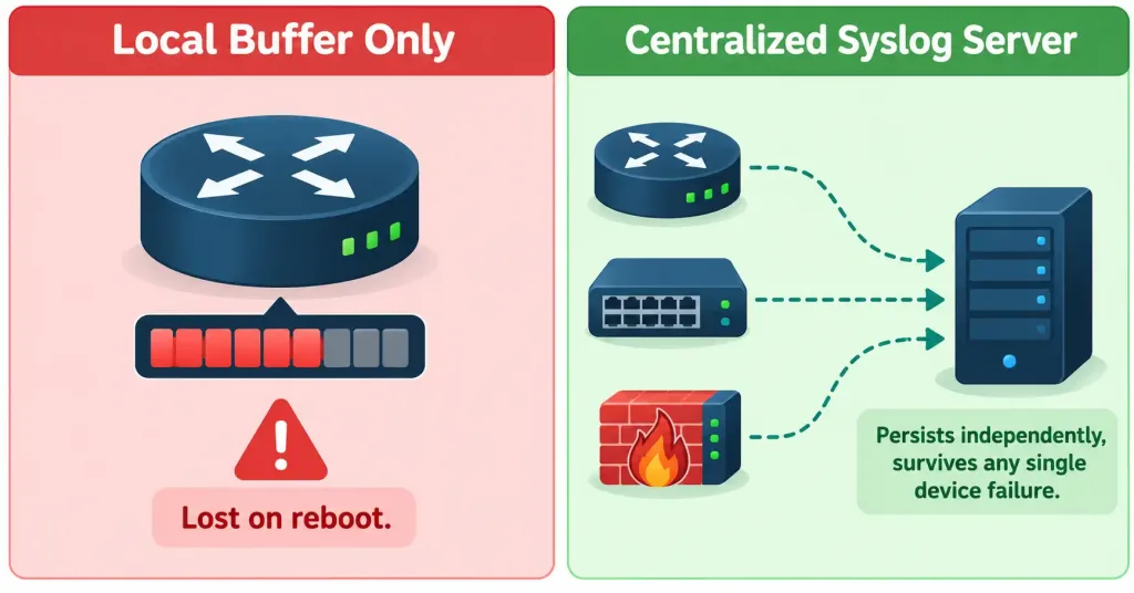 Describe The Use Of Syslog Features 2 Comparison Diagram Showing The Limitations Of Local Log Storage Versus A Centralized Syslog Server
