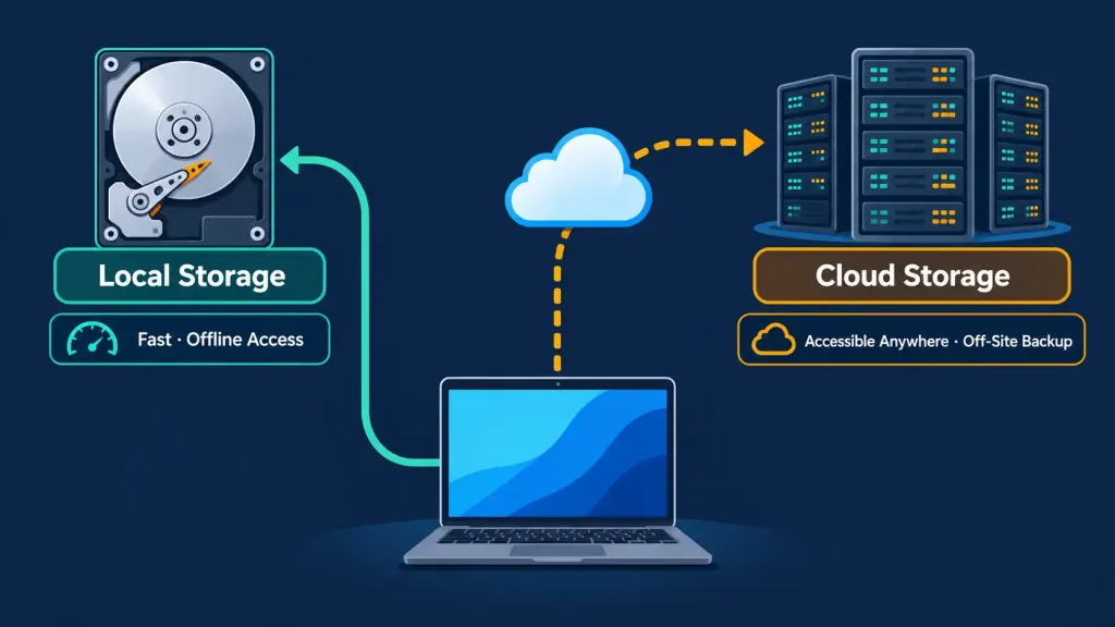 Lesson 2.3: Storage Types 6 Diagram Comparing A Laptop Connected To Local Storage Versus A Laptop Connected To Cloud Storage Over The Internet