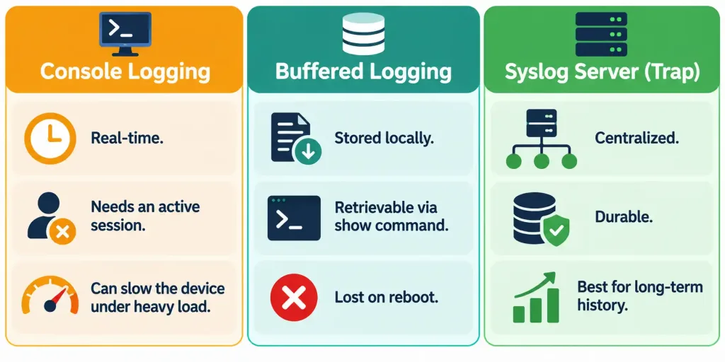 Describe The Use Of Syslog Features 5 Comparison Of Console, Buffered, And Syslog Server Logging Destinations And Their Trade-Offs