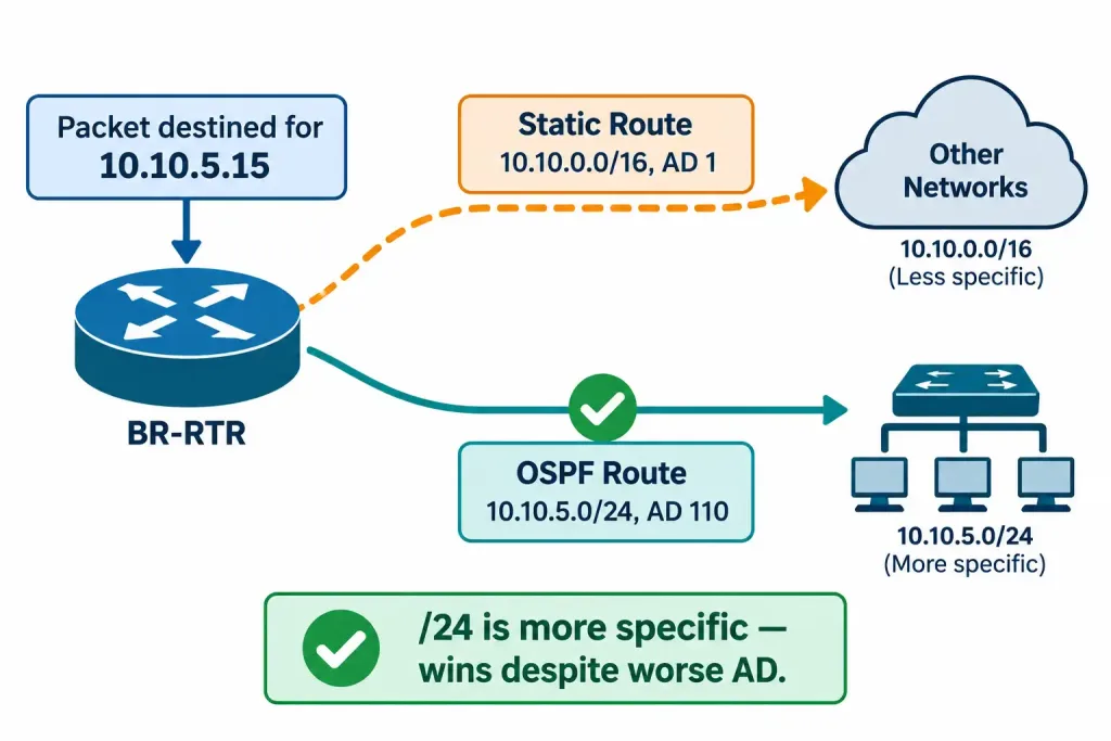 Lesson 2.1.1 — Static Routing, Route Selection &Amp; Administrative Distance 3 Diagram Showing An Ospf /24 Route Winning Over A Static /16 Route Via Longest Prefix Match