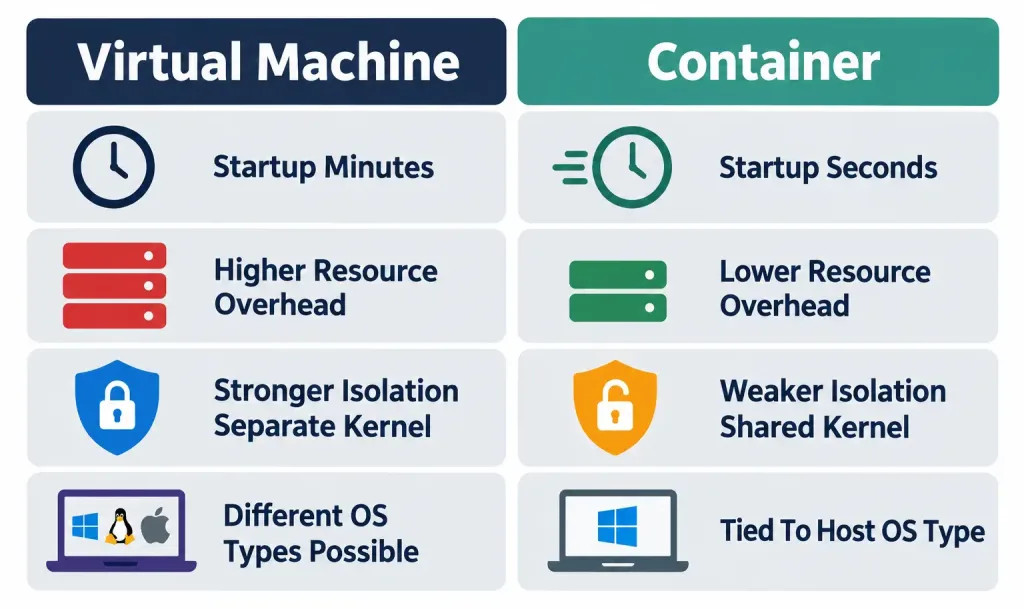 Virtualization Fundamentals: Virtual Machines Vs Containers 5 Comparison Of Virtual Machines And Containers Across Startup Time, Resource Overhead, Isolation Strength, And Os Flexibility