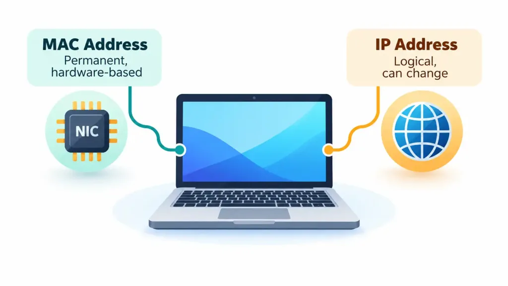 Lesson 2.8: Basic Networking Concepts 2 Diagram Comparing A Permanent Hardware Mac Address To A Logical, Changeable Ip Address