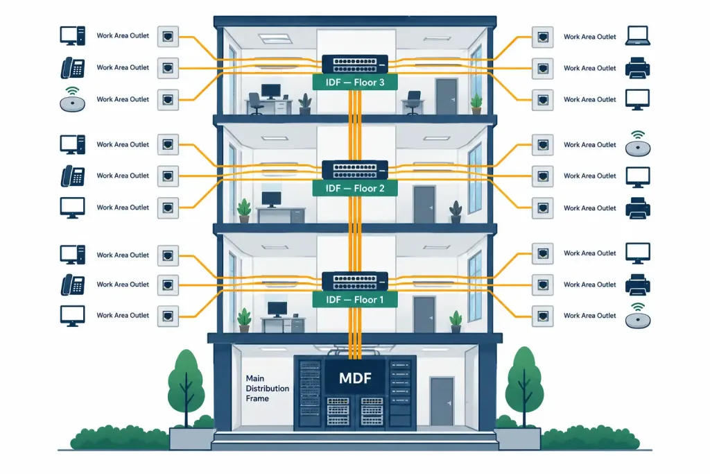 Lesson 2.4.1 — Rack, Cabling &Amp; Facility Considerations 2 Diagram Showing A Central Mdf Connected To Multiple Per-Floor Idfs, Each Serving Local Work Area Outlets