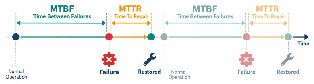 Lesson 3.3.1 — Disaster Recovery Concepts: Rpo, Rto, Mttr, Mtbf &Amp; Dr Sites 3 Diagram Showing Mtbf As The Time Between Failures And Mttr As The Time To Repair After Each Failure On A Recurring Timeline