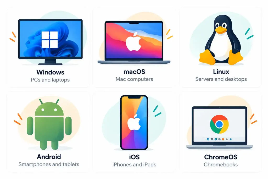 Lesson 3.2: The Purpose Of Operating Systems 2 Grid Of Icons Representing Windows, Macos, Linux, Android, Ios, And Chromeos With Their Typical Device Categories