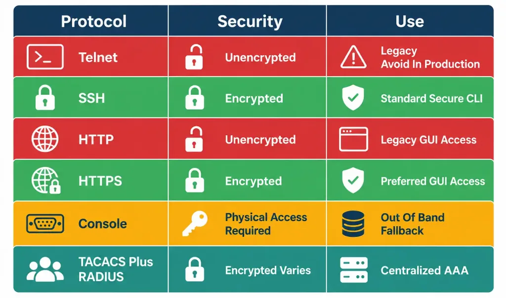Ap And Wlc Management Access Connections 6 Table Comparing Telnet, Ssh, Http, Https, Console, And Tacacs+/Radius Across Security And Typical Use