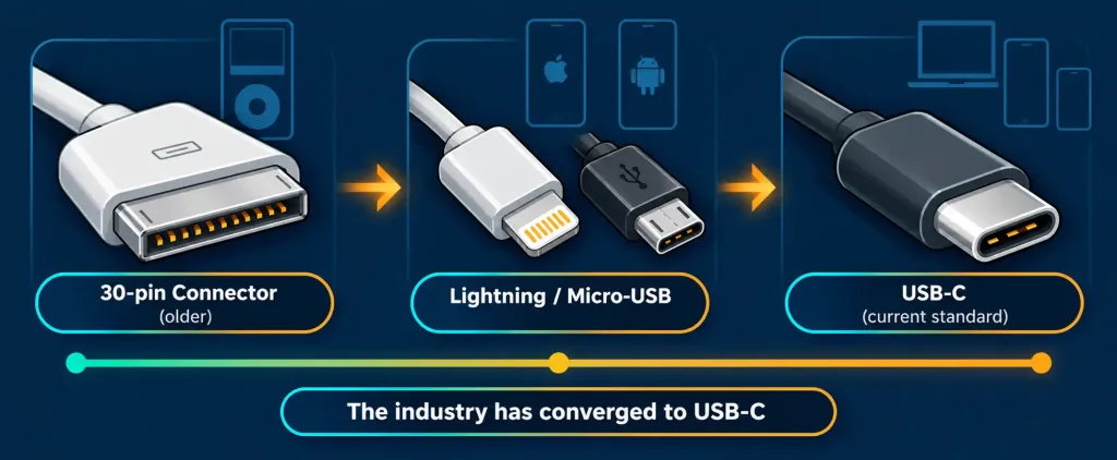 Lesson 2.5.1: Networking And Peripheral Connectors 6 Timeline Showing Mobile Device Connectors Evolving From Proprietary Types To Usb-C