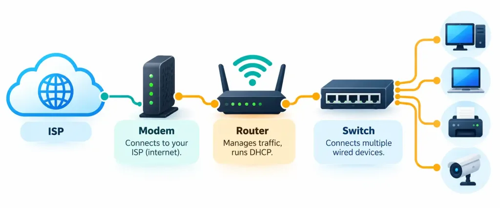 Lesson 2.8: Basic Networking Concepts 6 Diagram Showing The Distinct Roles Of A Modem, Router, And Switch In A Home Network