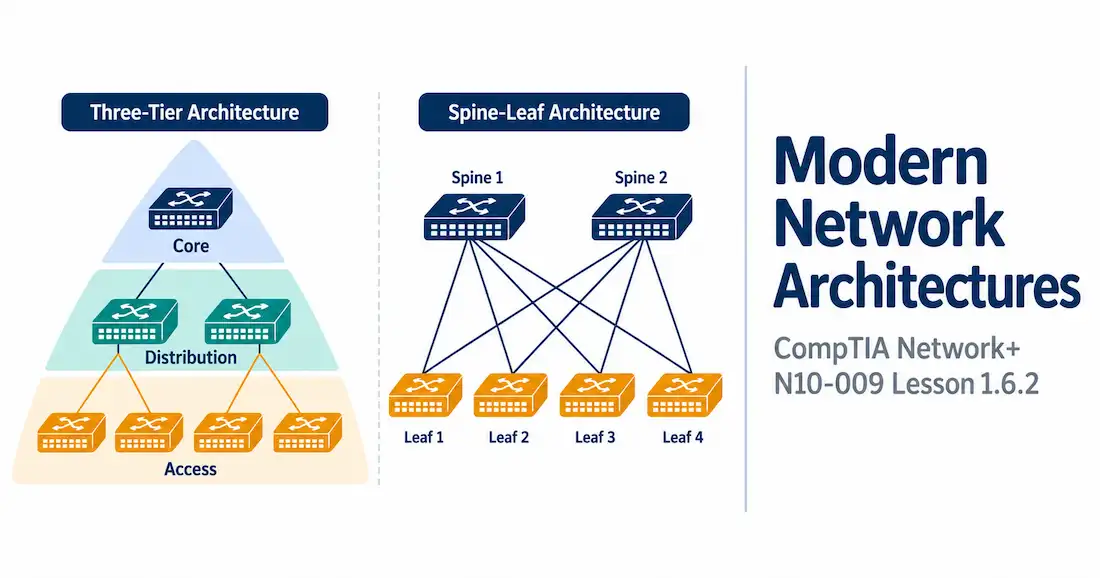 Lesson 1.6.2 — Modern Network Architectures 1 Illustration Of Three-Tier, Collapsed Core, And Spine-Leaf Architectures Alongside The Network+ N10-009 Lesson 1.6.2 Title Card
