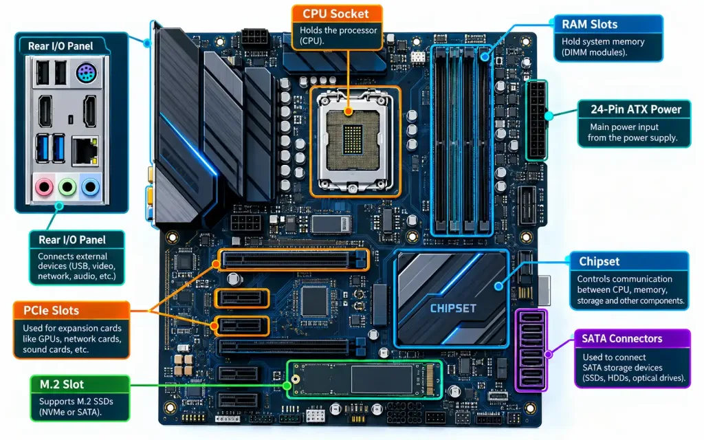 Lesson 2.2: Internal Computing Components 2 The Main Internal Computing Components: Labeled Diagram Of A Desktop Motherboard Showing Cpu Socket, Ram Slots, Chipset, And Expansion Slots