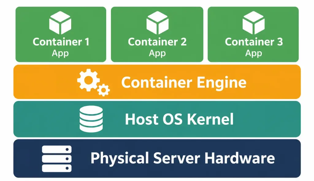 Virtualization Fundamentals: Virtual Machines Vs Containers 6 Layered Diagram Showing Three Containers Sharing One Host Os Kernel And Container Engine On Physical Hardware
