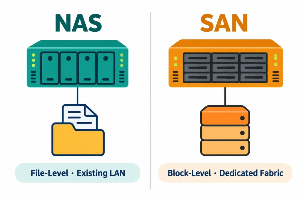 Lesson 1.2.4 — Storage Appliances 4 Diagram Comparing Nas And San By Storage Type, Network, And Use Case