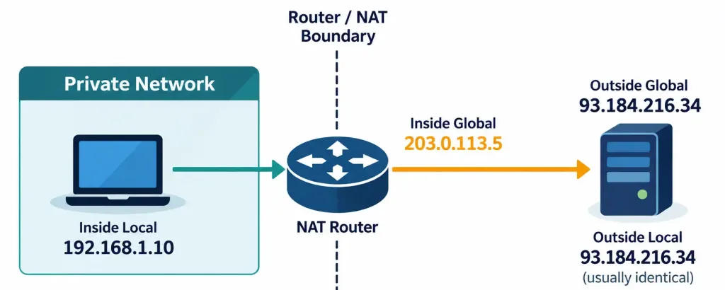 Lesson 2.1.3 — Nat And Pat For Address Translation 3 Diagram Showing Inside Local, Inside Global, Outside Local, And Outside Global Address Types Relative To The Nat Boundary