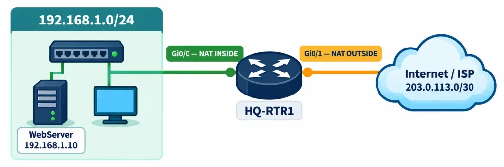 Configure And Verify Inside Source Nat: Static And Pools 6 Topology Diagram Showing The Nat Inside And Outside Interface Boundary On A Router Connecting A Lan To The Internet