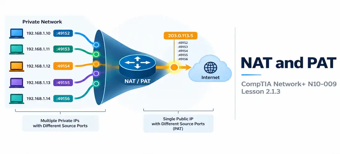 Lesson 2.1.3 — Nat And Pat For Address Translation 1 Illustration Of Many Colored Dots Converging Through A Funnel Into One Bright Dot, Each Tagged With A Port Number
