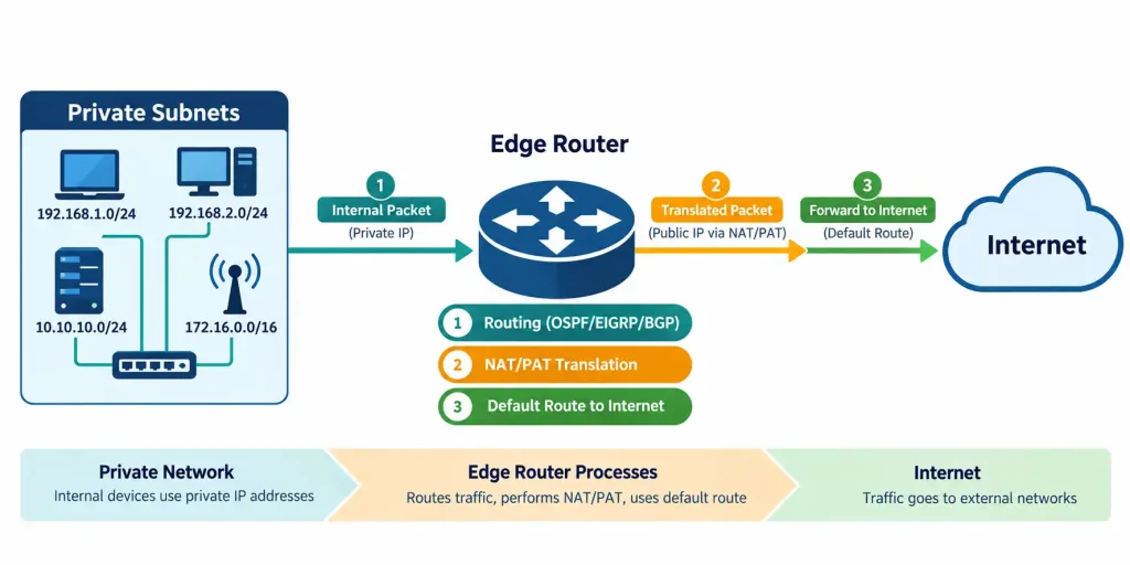 Lesson 2.1.3 — Nat And Pat For Address Translation 4 Diagram Showing A Single Edge Router Performing Routing, Nat/Pat Translation, And Default Route Forwarding Together