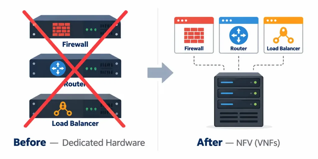 Lesson 1.3.1 — Cloud Deployment Models &Amp; Virtual Networking 3 Diagram Showing Nfv Replacing Dedicated Hardware Appliances With Virtualized Network Functions
