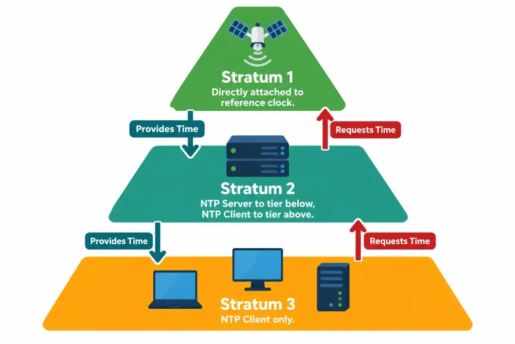 Configure And Verify Ntp (Client And Server Mode) 3 Pyramid Diagram Showing How Devices Act As Both Ntp Client And Server Across A Stratum Hierarchy