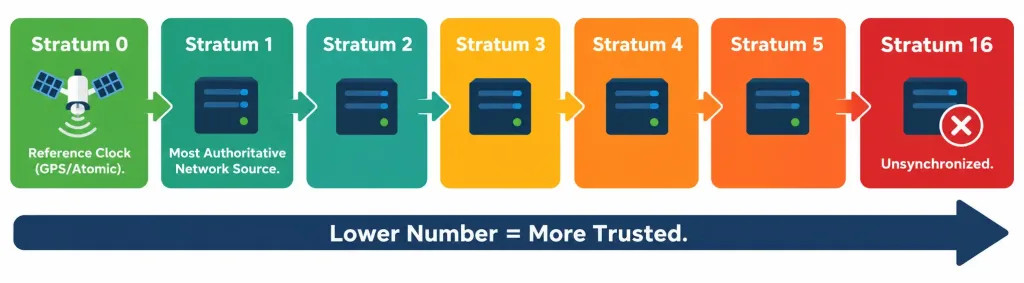 Configure And Verify Ntp (Client And Server Mode) 4 Scale Diagram Showing Ntp Stratum Levels From Most Authoritative (Stratum 0) To Unsynchronized (Stratum 16)