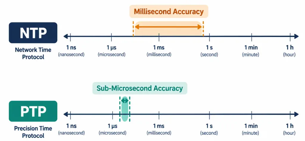 Lesson 3.4.2 — Dns &Amp; Time Services: Ntp, Ptp &Amp; Nts 4 Diagram Comparing Ntp'S Millisecond-Level Accuracy Against Ptp'S Much Narrower Sub-Microsecond Accuracy