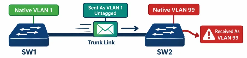 Configuring And Verifying Interswitch Connectivity: Trunking 4 Diagram Showing An Untagged Frame Sent As Vlan 1 By One Switch Being Incorrectly Received As Vlan 99 By A Switch With A Mismatched Native Vlan Setting