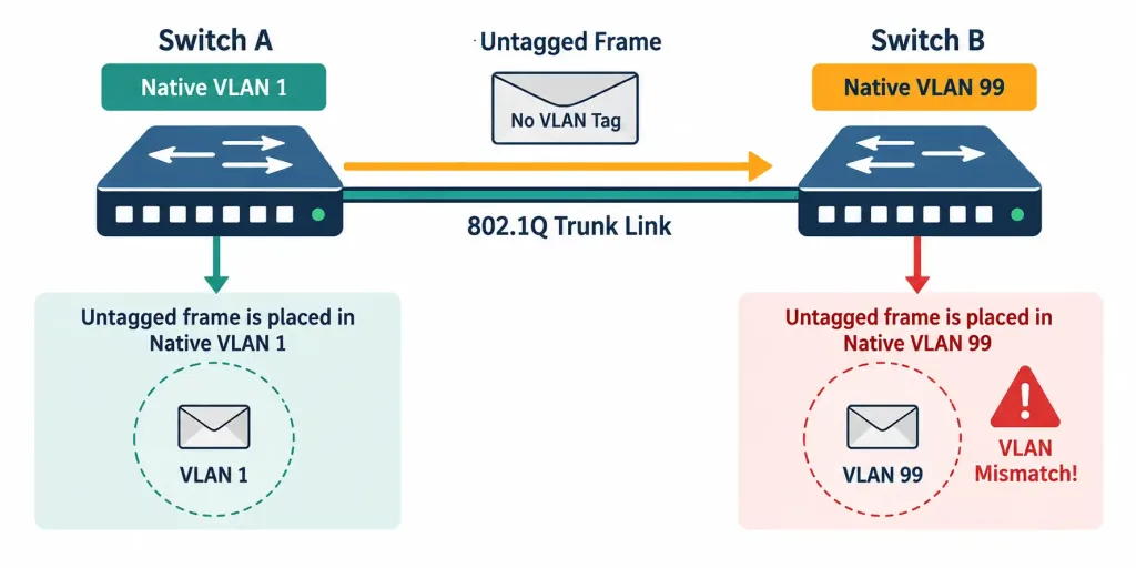 Lesson 2.2.2 — Trunking: Native Vlan, Voice Vlan &Amp; 802.1Q Tagging 3 Diagram Showing Two Switches Disagreeing On Native Vlan, Causing Untagged Traffic To Land On The Wrong Vlan