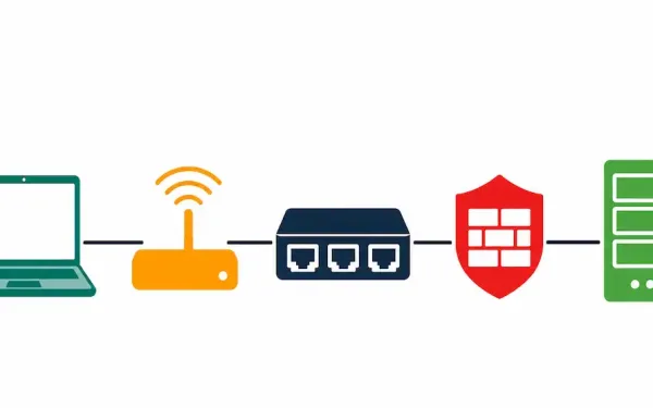 Illustration Of A Network Topology Showing A Laptop, Access Point, Switch, Firewall, And Server Connected In Sequence