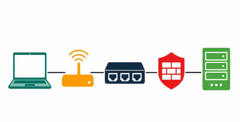 Network Components: Routers, Switches, Security Appliances, And More 2 Illustration Of A Network Topology Showing A Laptop, Access Point, Switch, Firewall, And Server Connected In Sequence