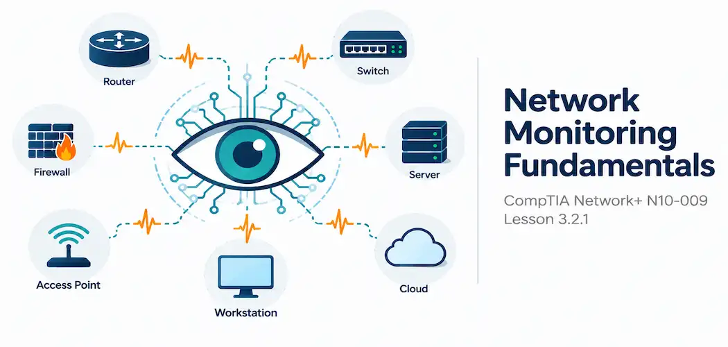 Lesson 3.2.1 — Network Monitoring Fundamentals: Snmp, Syslog &Amp; Baselines 1 Illustration Of A Circuit-Patterned Watchful Eye With Pulse Waves Radiating Toward Network Devices