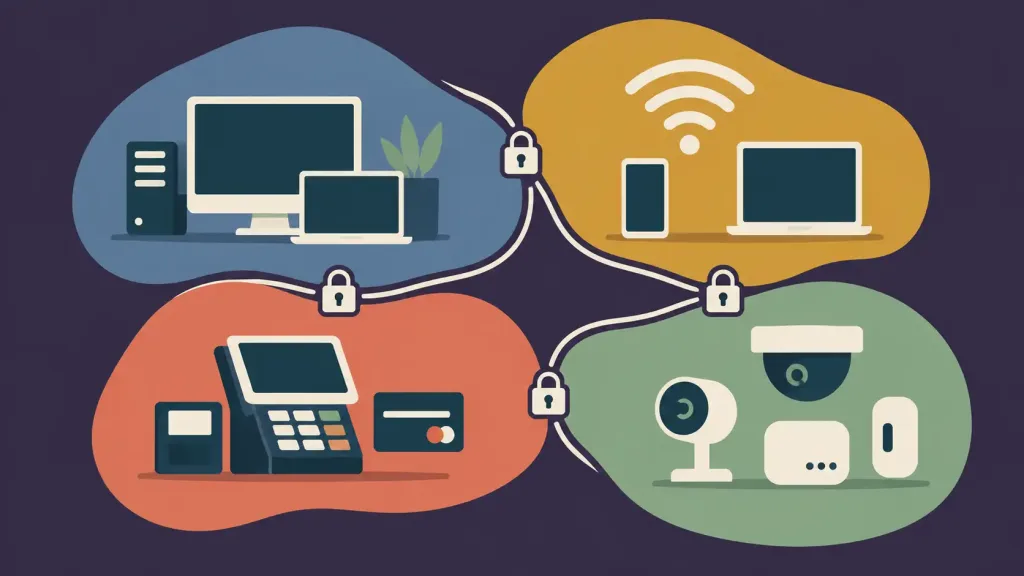 How To Keep My Network Safe: A Complete Guide For Home And Small Business 3 Illustration Of Four Separated Network Zones — Staff Devices, Guest Wi-Fi, Payment Systems, And Iot Devices — Divided By Controlled Boundary Points