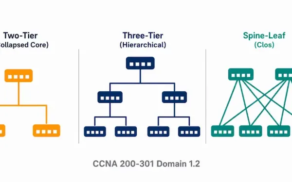 Illustration Comparing Three Network Topology Shapes: Two-Tier, Three-Tier, And Spine-Leaf