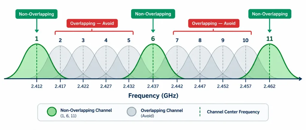 Lesson 2.3.1 — Wireless Frequency Bands, Channels &Amp; Band Steering 3 Diagram Showing Channels 1, 6, And 11 As The Only Non-Overlapping Channels In The 2.4Ghz Band, With Channels In Between Overlapping