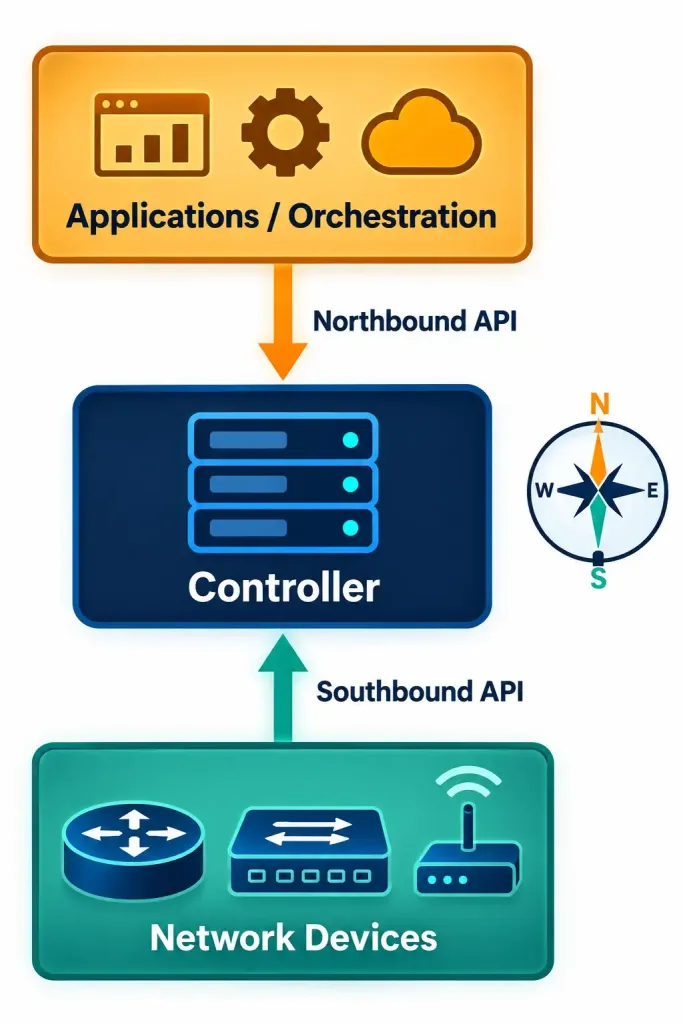 Describe Controller-Based And Software-Defined Architectures 6 Diagram Showing Northbound Apis Facing Applications Above The Controller And Southbound Apis Facing Devices Below It