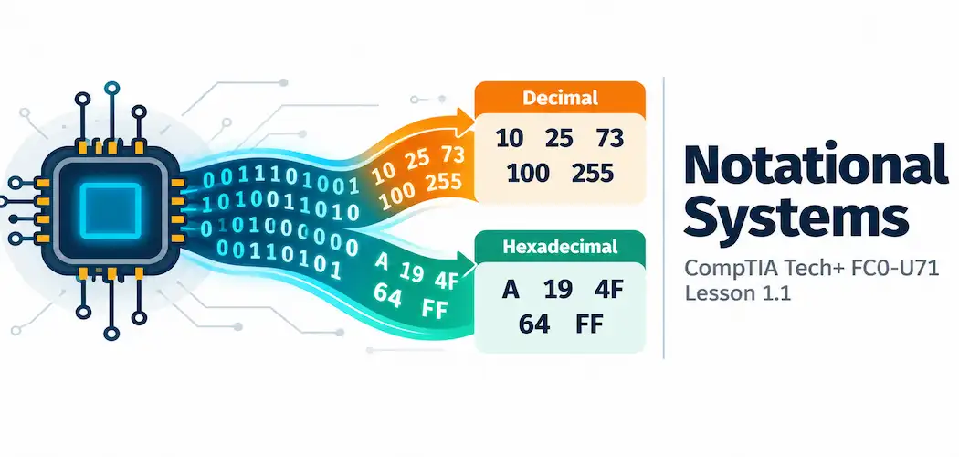 Lesson 1.1 — Notational Systems 1 Illustration Of Binary Digits Flowing From A Computer Chip And Transforming Into Decimal And Hexadecimal Characters