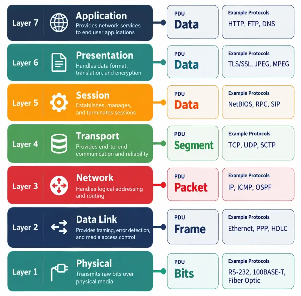 Lesson 1.1 - Osi &Amp; Tcp/Ip Models 2 Diagram Of The Osi Seven-Layer Model Showing Each Layer'S Name, Pdu, And Example Protocols