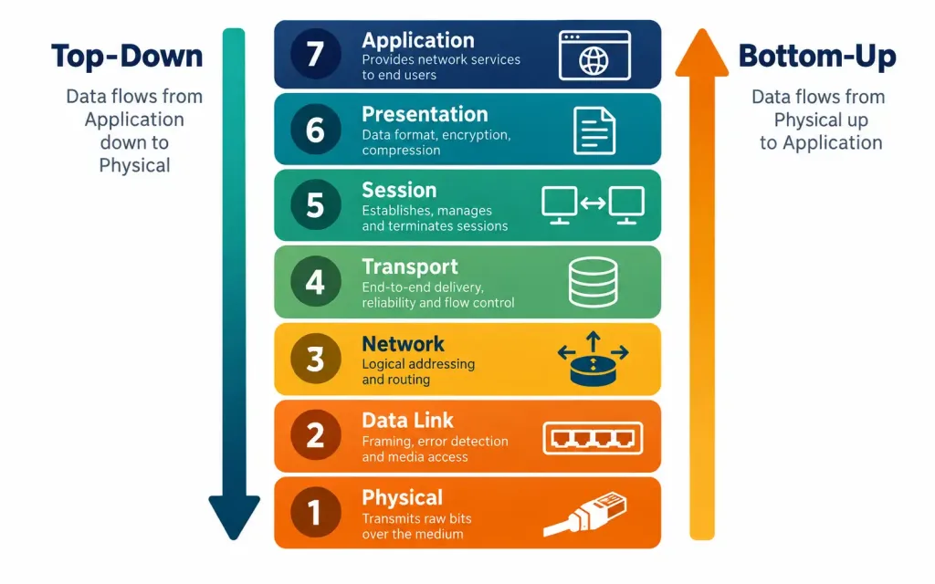 Lesson 5.1.1 — The Troubleshooting Methodology 2 Diagram Showing The Osi Model Layers With Arrows Illustrating Top-Down And Bottom-Up Troubleshooting Approaches