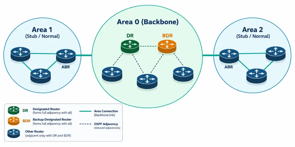Lesson 2.1.2 — Dynamic Routing Protocols: Ospf, Eigrp &Amp; Bgp 3 Diagram Showing Ospf Area 0 As The Backbone With Other Areas Connected To It, And A Dr/Bdr Election On A Multi-Access Segment